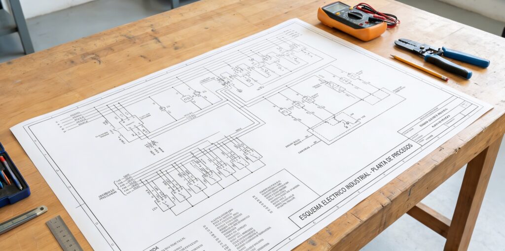 Diagrama eléctrico industrial con simbología normalizada de contactores y relés
